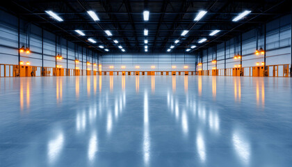 Fototapeta premium Empty warehouse interior, bright lighting, smooth floor, potential logistics use