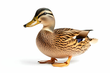 Fototapeta premium Female mallard duck, white background, wildlife, nature photography, for website, book