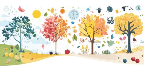 A detailed infographic-style illustration of the four seasons with icons representing each season unique elements,
