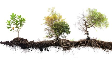 Three stages of tree growth side by side: a sapling, a young tree, and a mature tree.