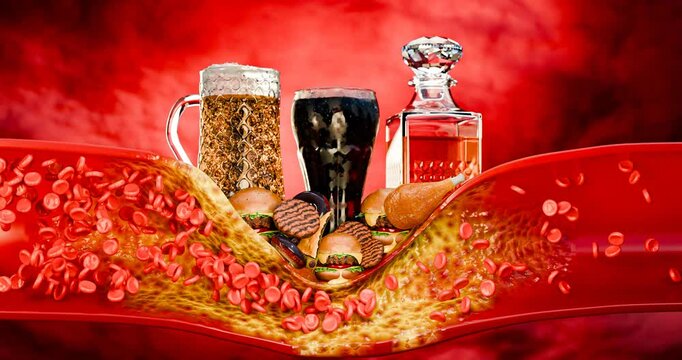Hyperlipidemia or arteriosclerosis. Blocked artery concept and human blood vessel as a disease with cholesterol fat . Clogged arteries, Cholesterol plaque. Fast food, junk food. 3d rendering.