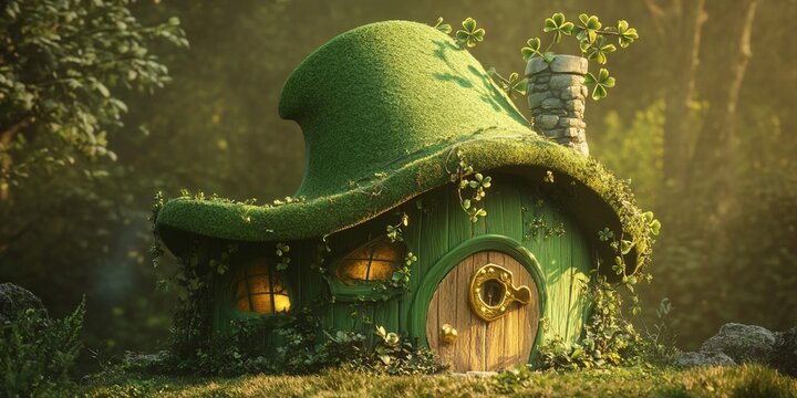 Whimsical 3D Render of a Leprechaun Hat-Shaped Green House with Clover Vines and Golden Buckle, Magical Glow, High-Resolution 8K Fantasy Architecture with Copy Space