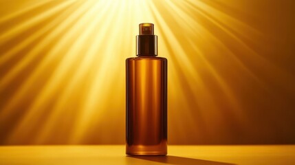 Elegant Amber Bottle with Spray Nozzle Against a Golden Background