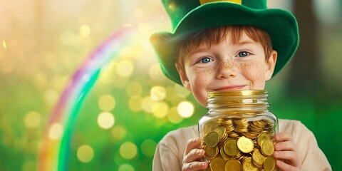 Freckled 5-Year-Old Boy in Leprechaun Hat Holding Jar of Gold Coins with Rainbow on Green Background