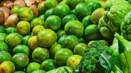 A Vibrant Display of Fresh Limes and Green Vegetables at the Market