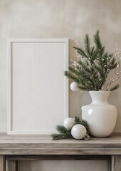 Fototapeta premium Cozy Winter Frame Mockup with Rustic Wooden Bench and Christmas Decor in Soft Natural Light