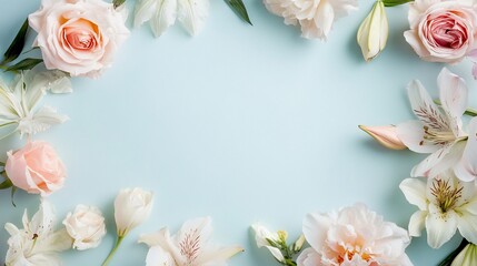 Fototapeta premium Elegant Floral Arrangement with Pastel Roses, Lilies & Peonies on Soft Blue Background – Perfect Copy Space