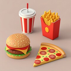 A burgar,cool drink ,piza and potato chips in one frame