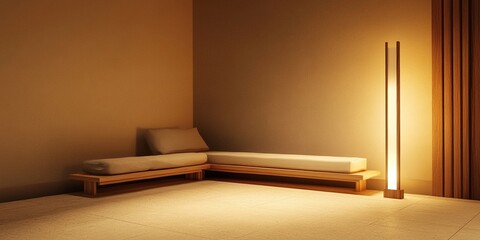 Fototapeta premium Japandi-Style Living Room Mock-Up with Minimalist Wooden Sofa and Soft Lighting | 3D Render Interior Design