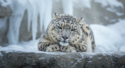 Naklejka premium Snow Leopard Resting on Rock with Snow and Ice in Winter