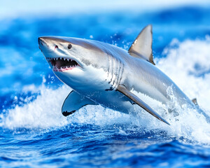Naklejka premium Great white shark leaping, ocean waves, blue water, wildlife