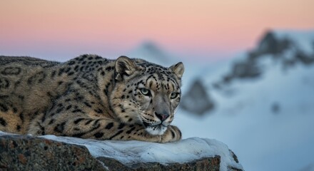 Snow Leopard Resting on Rocky Outcrop Against Snowy Mountain Backdrop