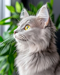 Grey cat gazing outdoors, plants in background; pet portrait