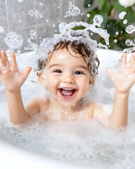 Happy baby playing in bubble bath, bathroom background, for hygiene product ads