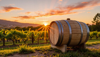 Obraz premium Lonely wine barrel glowing at sunset in vineyard, rustic tranquility