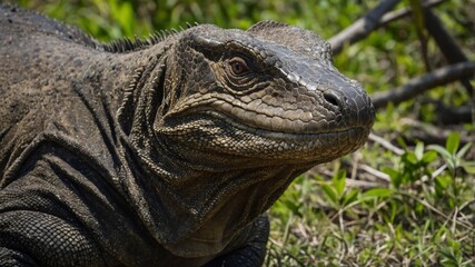 Obraz premium a Komodo dragon in its natural habitat, showcasing its detailed scales and fierce expression, generate AI