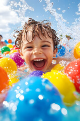 Happy child playing with colorful balls in pool