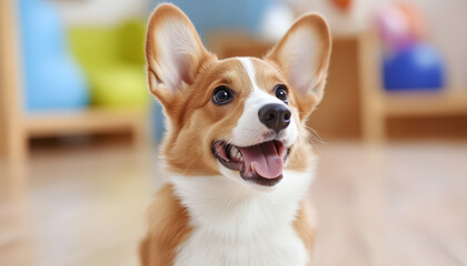 Happy corgi dog indoors, playful mood, blurred background, pet adoption