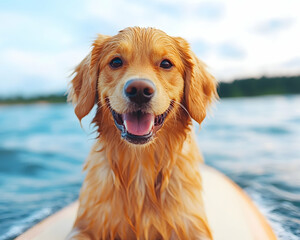Happy golden retriever puppy surfing, lake background, summer fun, pet lifestyle