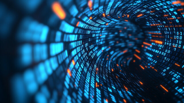 Blue glowing binary code flows through digital tunnel, creating mesmerizing data stream