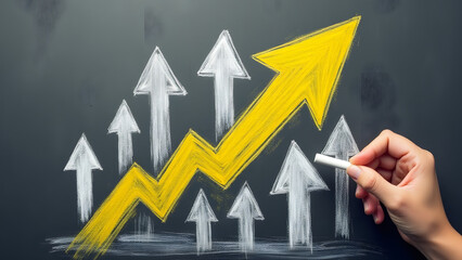 "Yellow arrow leading smaller white arrows on a chalkboard. A hand drawing the design symbolizes leadership, growth, and standing out in a professional and creative style."