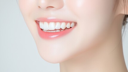 Obraz premium Smiling Woman with Radiant Teeth Against Soft Neutral Background