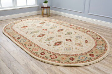 Elegant oval area rug with intricate patterns and soft colors