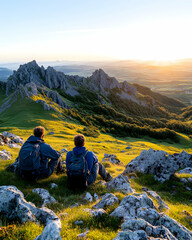 Fototapeta premium Hikers enjoy sunset view atop mountain range