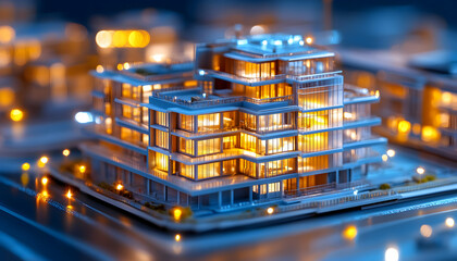 Illuminated city model apartment building at night