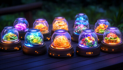 Fototapeta premium Illuminated food dishes under glass domes on a table at night