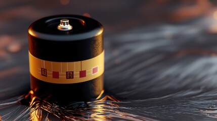 Close-up of a black battery with a gold stripe, resting on a reflective surface, highlighting energy