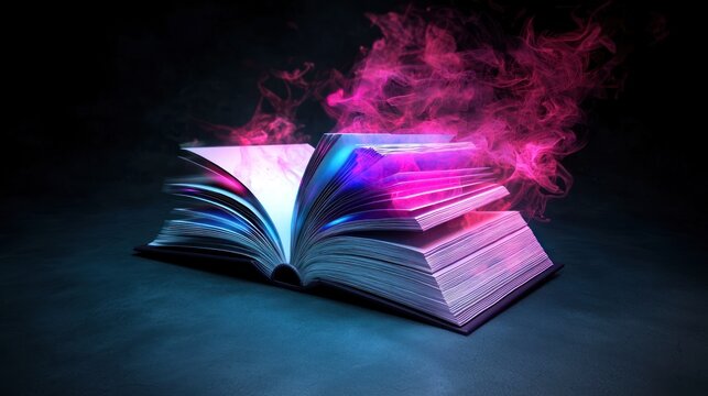 An open book with vibrant, swirling smoke emanating from its pages in a dark setting