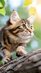 Fototapeta premium Kitten climbing tree branch, sunny garden