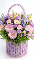 Lavender basket of flowers, spring bouquet, white background, gift