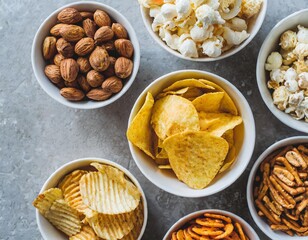 Fototapeta premium Set of Many Bowls with Different Salty Snacks on Light Gray Background – Chips, Popcorn, Nuts, Nachos, and Pretzels, Party Food, Top View