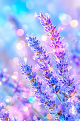 Obraz premium Lavender flowers, bright bokeh background, floral beauty, greeting card