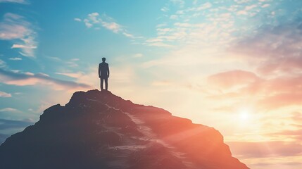 Silhouette of businessman on mountain peak at sunset