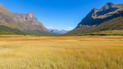 Obraz premium Lush valley with golden grass and majestic mountains