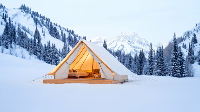 Luxurious winter glamping tent in snowy mountains