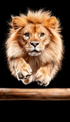 Fototapeta premium Majestic lion leaping, dark background, wildlife action shot, ideal for wildlife documentaries