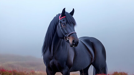 Obraz premium Majestic black stallion in misty highland pasture