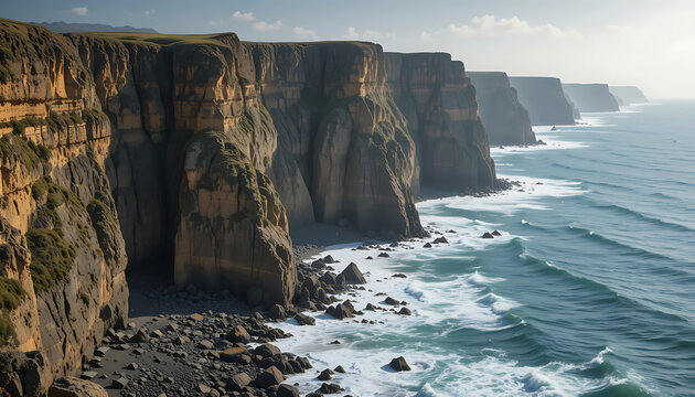 awe-inspiring cliffs that stretch along vast ocean showcase wild and untamed beauty of shoreline, with waves crashing against rocks, creating an eternal and irresistible allure where land and sea beco