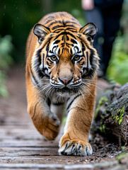 Fototapeta premium Majestic tiger walking on path, forest background, wildlife conservation