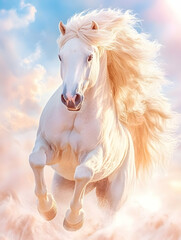 Naklejka premium Majestic white stallion leaping, sunset clouds