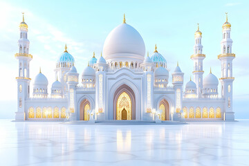 Fototapeta premium Majestic white mosque sunrise, reflective floor, peaceful sky, travel brochure