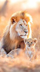 Obraz premium Male lion and cub at sunset in African savanna