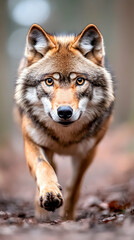Fototapeta premium Majestic wolf approaching, forest background, wildlife photography