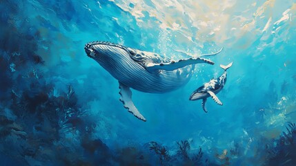 Fototapeta premium An underwater view of a humpback whale swimming gracefully with its calf, surrounded by shimmering blue waters,