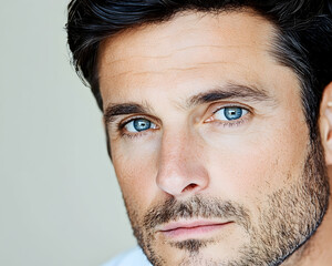 Obraz premium Man's intense gaze, headshot portrait, neutral background, for profile picture