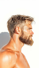 Naklejka premium Man's profile, sunlit beard, outdoor portrait, white wall background, for skincare ads
